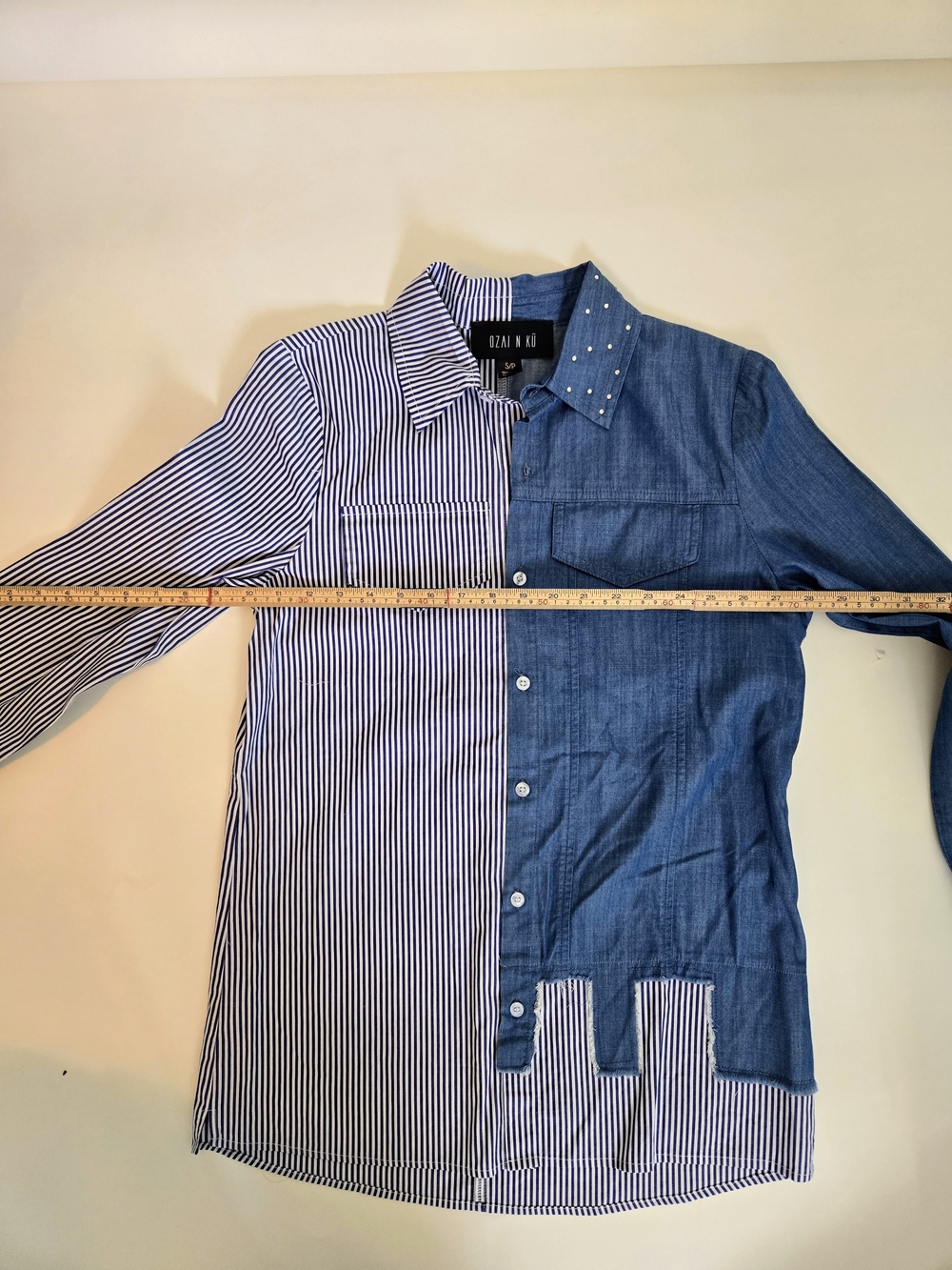 NWOT OZANI N KU Two-Tone Blue Striped & Chambray Button-Down Shirt Womens Size S - Picture 11 of 13
